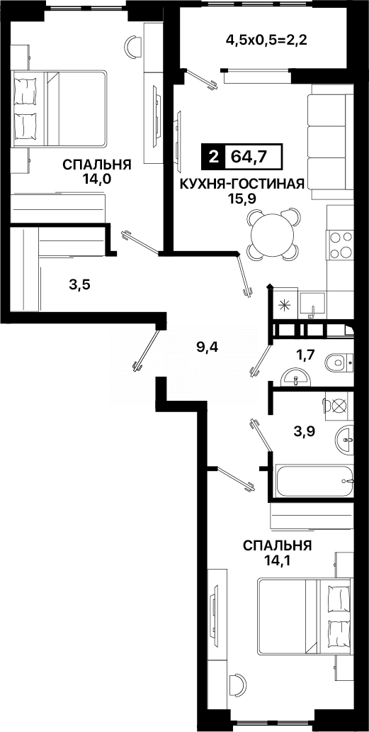 Фото №1: 2-комнатная квартира 64 м² - Мариуполь, р. Жовтневый, ул. Административная площадь
